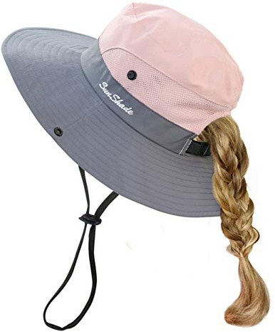 HGGE Kinder Mädchen Sonnenhut UV-Schutz breite Krempe Strandkappe mit Pferdeschwanzloch