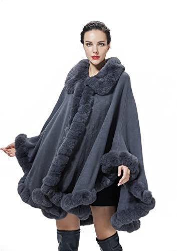 BEAUTELICATE Cape Manteau Fausse Fourrure Châle Étole Femme Tricoté Poncho Cardigan Grande Taille pour Automne Hiver Mariage Soirée Mariée Demoiselle d'honneur(Taille Unique, Gris Fumé)