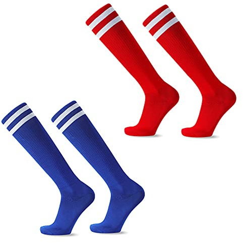 EQLEF Calzettoni calcio bambini, Comodi calzini da calcio per bambini a sezione sottile Calzini da calcio traspiranti ed eleganti per ragazzi e ragazze da 6-10 anni (Rosso, blu)