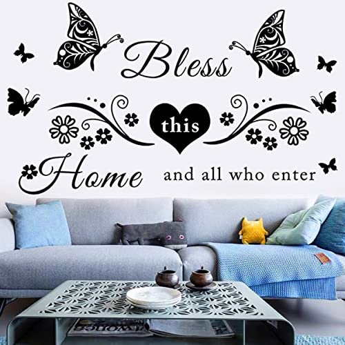 Vinyl Wall Stickers Quotes Art Decal Sticker Bless This Home and All Who Enter Wall Decals Flowers Butterfly Wall Decor Sticker for Entryway Living Room Home Decor