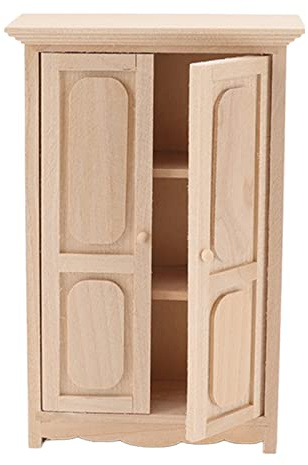 Armario de muñecas, casa de muñecas armario de doble puerta 1/12 madera de abedul miniatura muebles de dormitorio para casa de decoración accesorios y juguetes de peluche