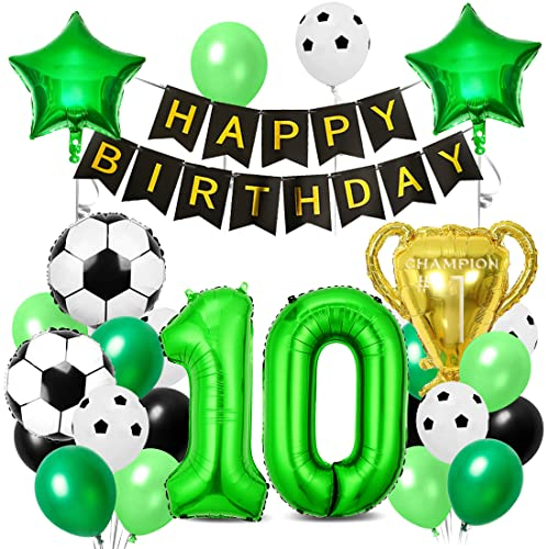 Globos de Cumpleaños Fútbol 10 años, Globos de Aluminio Fútbol, Decoraciones para Fiesta de Futbol, Globo de Latex Verde Negro Blancos, para Niños Fiesta Temática Cumpleaños Decoracion