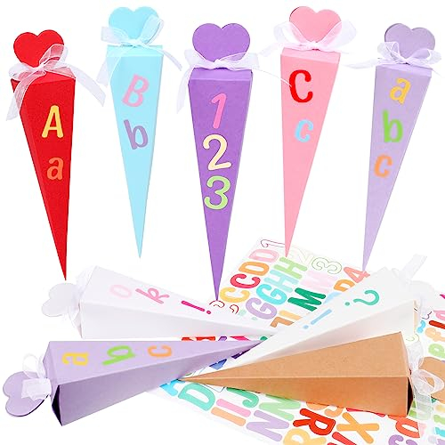 DPKOW 32stk Schultüte Geschwistertüten Einschulung Schulanfang Geschwisterschultüte Kleine Schultüte Jungen Mädchen Zuckertüte zum Befüllen Geschenkboxen DIY Faltbare Schultüte, mit Aufklebern Band