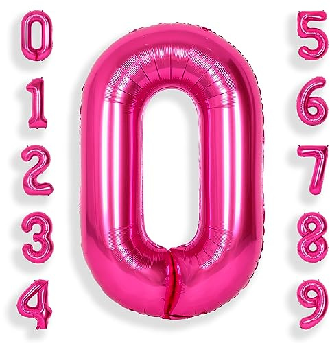 SUWEN 40 Inch Hot Pink 0 Number Balloon Foil 0-9 Birthday Big Numbers | Birthday Anniversary Party Decorations Large Helium Number Balloons Jumbo Giant Huge Mylar