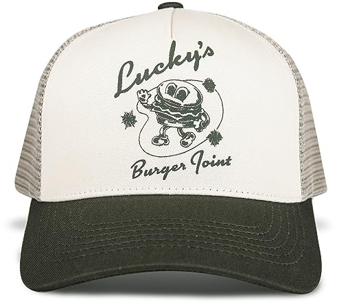 Lucky Brand Trucker Hat | Snapback | Adjustable | Mesh Back | Retro | Baseball Cap | Golf | Fishing | American Heritage, Burger Joint - Olive