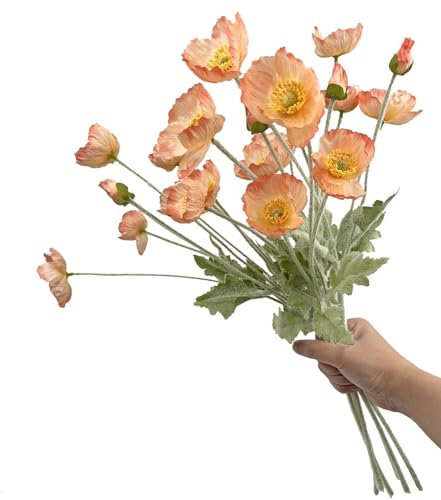 Mythlty uppsättning av 6 vallmo blommor, konstgjorda silkesblommor med långa stjälkar, falska vildblommor, bukett för vaser, olja, pastellstil för bröllopsfest inomhus, hemmakontor, dekor (strålande