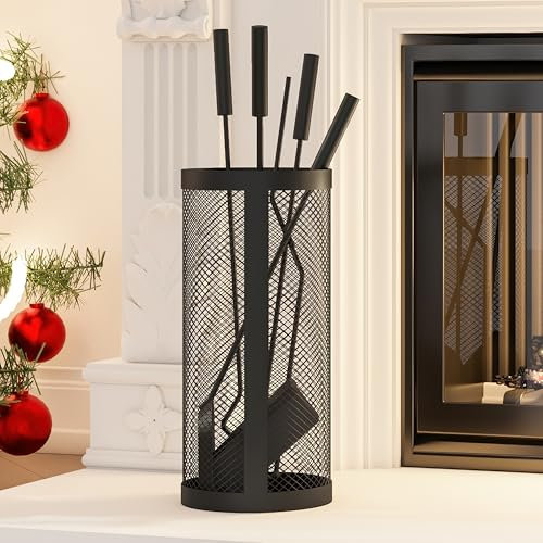 Kingson Juego de 5 piezas redondeadas para chimenea de color negro, incluye cubo, pala, póquer, cepillo y pinzas, cubo de 17 x 35 cm, accesorios para quemador de troncos de 51 cm