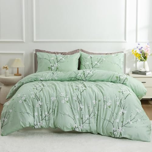 Tospass Floral Bettwäsche 155x220cm Grün Blumen Pflanzen Blätter Bettwaren-Sets Mädchen Blumenmuster Bettbezug Mikrofaser Deckenbezug mit Reißverschluss 1 Kissenbezug 80x80cm