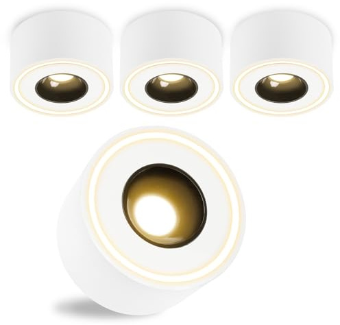 URing Lot de 4 spots LED en saillie - Blanc - Extra plat - Diamètre 97 x 55 mm - 8 W - 1680 lm - 3000 K blanc chaud - Rond - Spot de plafond 230 V - Spot de plafond en aluminium - Montage en saillie