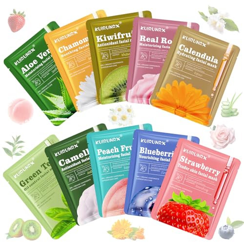 KUIRUNRX® 10 Pezzi Maschere per il Viso, Maschere Viso in Tessuto, Maschere per il Viso Idratante e Lenitiva, Maschera Viso Nutriente per Donne per Ogni Condizione Della Pelle per Donne