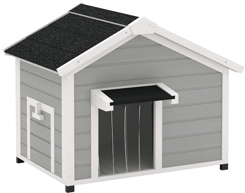 PawHut Dog House Wooden Dog Kennel Outdoor with Openable Asphalt Roof, Removable Floor, Door Curtain, Elevated Feet, for Medium Breeds, Light Grey