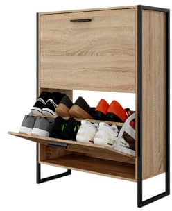 CASABEL Mobiletto per scarpe industriale 12 paia – Armadietto portascarpe per ingresso, grande capacità, risparmio di spazio, ingresso corridoio, porte e telaio in legno chiaro, azienda francese
