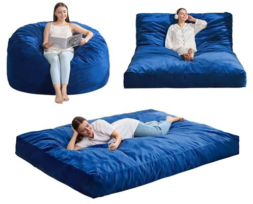 Hobestluk Giant Bean Bag Chair Bed for Adults, Large Bean Bags with High-Density Foam Filling, Convertible Big Sofa Bed Couch for Living Room, Bedroom, Playroom (Blue, Full)