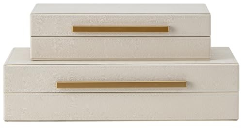 Set of 2 Beige Shagreen Decorative Storage Boxes with Gold Metal Handles – Faux Leather Jewelry & Memory Boxes, Nesting Photo Organizers for Home Decor