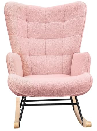 Yeutre - Sillón de lactancia mecedora, silla Teddy terciopelo, con apoyabrazos y patas de madera maciza, Rocking Chair para dormitorio y salón