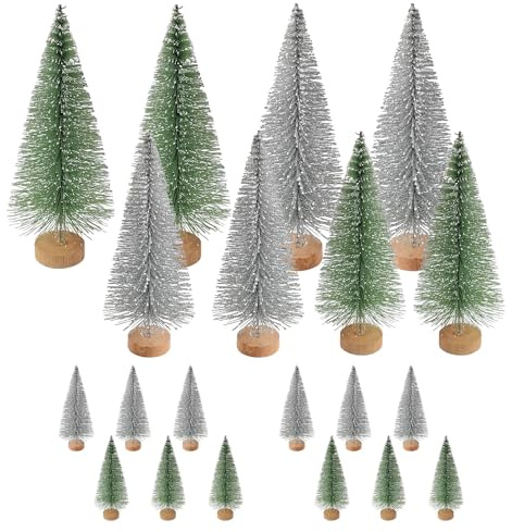 CATELL 20 Piezas Mini Árboles de Navidad Artificiales 4,5/10,5/16 cm, Mini Árbol de Navidad Verde/Plata con Bases de Madera Arboles de Navidad Pequeños para Decoración de Mesa Escaparate Hogar