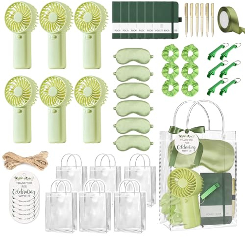 MEPIG 6 Set Summer Baby Shower Prizes for Guest, Green Handheld Fan Party Favor Set Thank You Gift with Notebooks, Ballpoint Pen, Eye Mask for Baby Shower Bridal Shower Wedding Party Game Activities