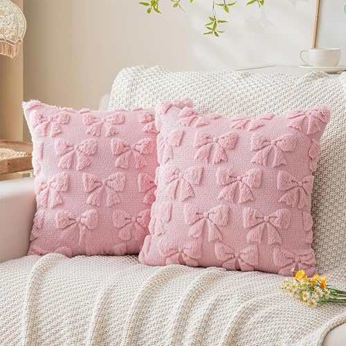 2 stycken 45 x 45 cm plysch örngott rosa med rosettdetalj | Dekorativa kuddfodral för vardagsrum, sovrum, soffa och balkong
