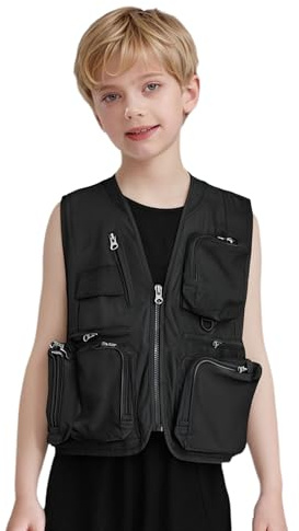 Hedmy Kids Boys Girls Outdoor Fishing Work Cargo Vest Jacket Multi Pockets Utility Fishing Cycling Waistcoat Black 8-12 Years