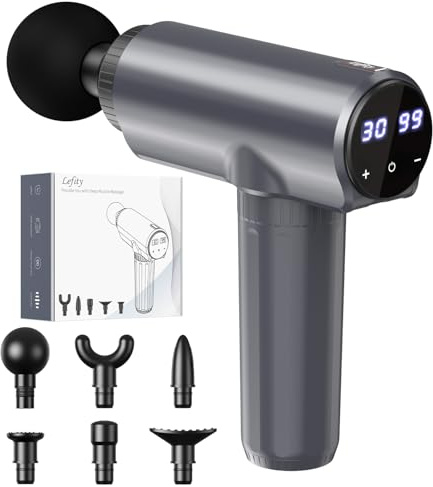 Pistola per massaggi, massaggiatore per tessuti profondi Lefity con 30 velocità e 6 testine massaggianti, massaggiatore portatile con porta di ricarica USB-C