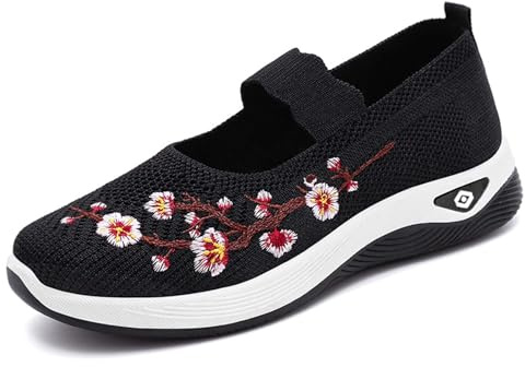 Zapatos de Tela para Mujer, nuevos Zapatos de Verano de Boca Baja, Suela Suave, para pies cansados, con Estribo, Zapatos de Ocio con Bordado para Mujer (Black, 37)