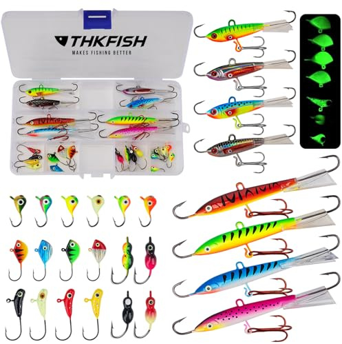 THKFISH Ice Fishing Lures Ice Fishing Jigs Ice Fishing Gear Hard Fishing Lures Ice Fishing Kit Crappie Panfish Jigs 26pcs