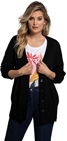 Ulla Popken Damen Strickjacke, V-ausschnitt, Knopfleiste, Feinstrick Pullover, Schwarz, 50-52 EU