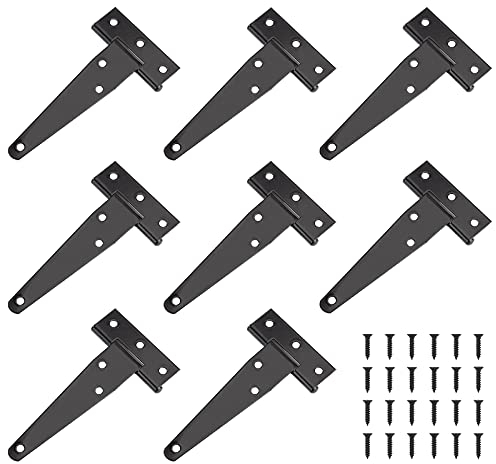 Charnières en T, 8Pcs Noires Triangulaire Charnières de Porte de Grange en Robustes Métallique Fer avec 48 Vis, pour Portes Extérieurs, Fenêtres, Abris de Jardin(4 pouces)