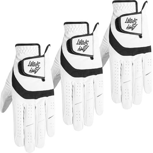 Amy Sport Golf Gloves Men Right Handed Golfer Left Hand 1 or 3 Pack PU Leather All Weather Grip Soft Breathable Flexible for Mens (White-3 Pack, Large, Left)