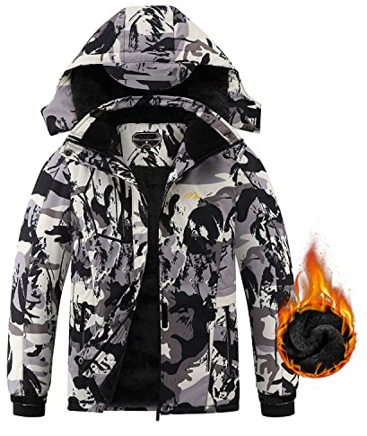 COOKFIP Kinder Skijacke Wasserdicht Jungen Mädchen Warme Fleece Winterjacke Winddicht Kapuze Schneemantel, Camouflage weiß, 14-16