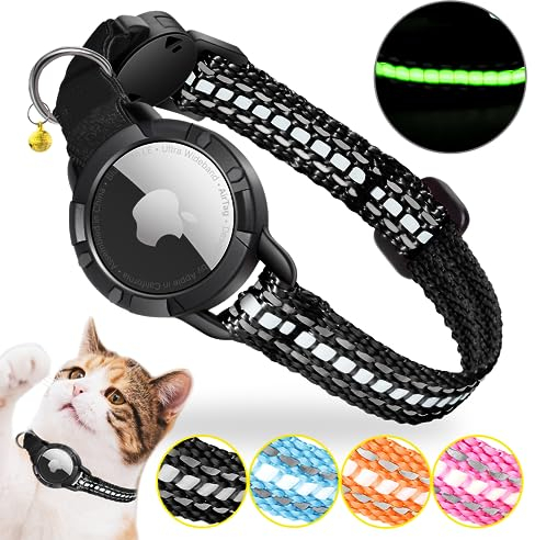 Airtag Katzenhalsband - Integriertes Katzenhalsband Airtag Wasserdicht,Reflektierendes Katzenhalsband mit Abbrechbarer Sicherheitsschnalle & Elastischer Gummizug für Kätzchen Klein Hund (Schwarz XS)