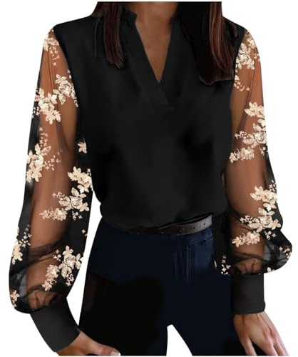 NZYIHAO Maglietta a maniche lunghe da donna, elegante, in pizzo, con scollo a V, con stampa floreale, camicetta estiva, maniche trasparenti, elasticizzata, leggera, comoda tunica, Nero , xxl
