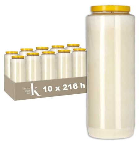 KRISTEN Bougie de neuvaine 9 jours – 216 heures de combustion – Blanc – Lot de 10 pièces – Pack économique – Bougie funéraire, bougie commémorative