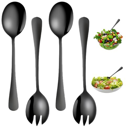 4 Pezzi Posate Insalata, 2 Cucchiai da Insalata e Set di 2 Forchette da Insalata, Set di Posate per Insalata Lucidato e Rettificato con Rivestimento Antiaderente per Ristoranti, Case, Hotel, Nero