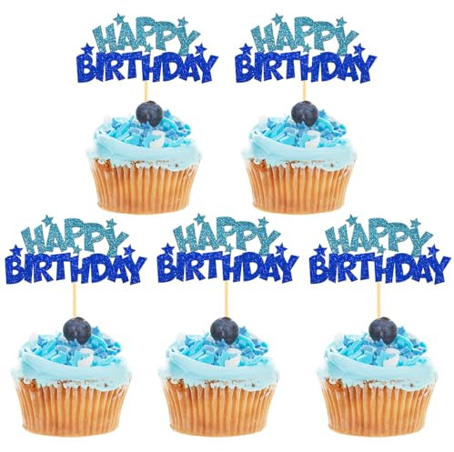 24 Stück Glitzer Geburtstag Cupcake Toppers, Happy Birthday Geburtstagsdeko, Alles Gute zum Geburtstag Kuchendekoration für Geburtstagsfeier Zubehör Party Dekoration (Blau)