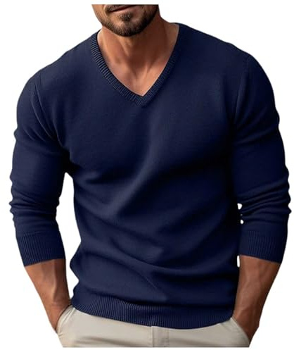 Cexiakong Jersey de punto para hombre, cuello de pico, jersey básico de invierno, cálido, suéter de trabajo, para otoño e invierno, manga larga, holgada, marine, 3XL
