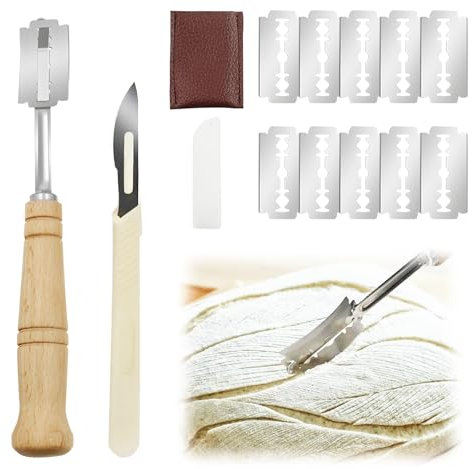 dellyy 2er Set Bäckermesser, Teigmesser, Teigschaber Edelstahl, Brot Ritzmesser, Brot Backen Zubehör, Teigmesser Set für Gerade und Geschwungene Schnitte, mit 20 Rasierklingen