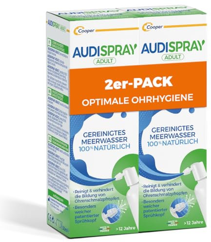 AUDISPRAY ADULT x 2 - Regelmäßige Ohrenhygiene - 100 Prozent natürliche Lösung aus gereinigtem Meerwasser - Spray 50 ml x2