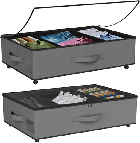 Babenest Under Bed Storage with Wheels, 2 Pack Foldable Rolling Underbed Drawers Organizer with Clear Zippered Lid & Handles, Under Couch/Crib Shoes, Clothes, Toy Storage Containers (Grey)