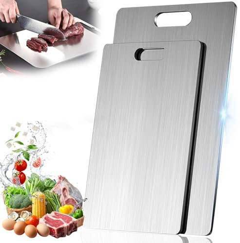 2 Pezzi Tagliere in Titanio per Cucina, Tagliere in Acciaio Inox Doppio Lato per Alimenti, Rivestimento in Titanio, Antibatterico e Resistente, per Tagliare Carne, Frutta e Verdura (2 Pezzi)