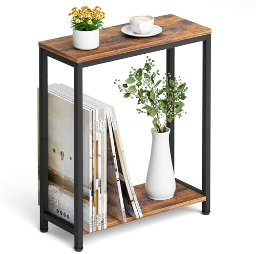 SLEEPING LAMB Narrow Small Side Table for Small Space, 2 Tier Sofa Skinny End Table for Living Room, Bedroom Beside Slim Nightstand, Rustic Brown and Classic Black