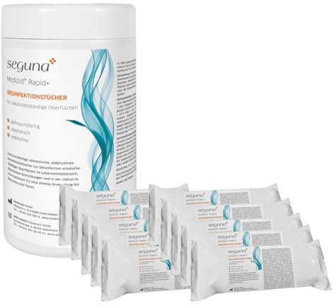 SEGUNA Desinfektionstücher-Set, 1 Dose + 10 Nachfüllbeutel mit je 150 gebrauchsfertigen Tüchern, Flächendesinfektionstücher