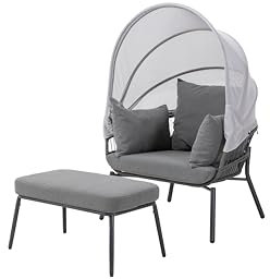 Leco-Sessel mit Fusshocker Clara – Gartensessel mit verstellbarem Sonnendach – inkl. Fußhocker, Polsterauflagen und Kissen – Gestell anthrazit