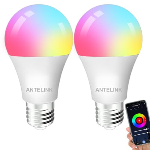 ANTELINK Lampadina Wifi Smart LED E27, 9W 1000lm Lampadina Alexa Dimmerabile, Multicolore 2700k-6500k, Compatibile con Alexa e Google Home, Smart Life/Tuya APP Controllo, 2Pz