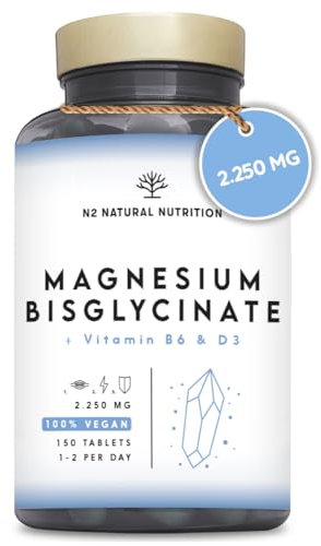 Magnesio Bisglicinato 2250 mg + Vitamina B6 e D3 per risultati ottimali. 150 Compresse 5 Mesi. 450 mg di Magnesio Elemental. Sonno Ristoratore, Supporto Muscolare e Osseo. Vegan. N2 Natural Nutrition
