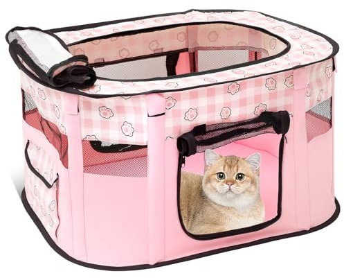 GWCYMYD Pet Playpen, 600d Oxford Foldable Dog Kennel, Waterproof Breathable Visible Cat Kitten Crate, Portable Kennel Cage for Indoors Outdoors Pet Tent Fence (Pink)