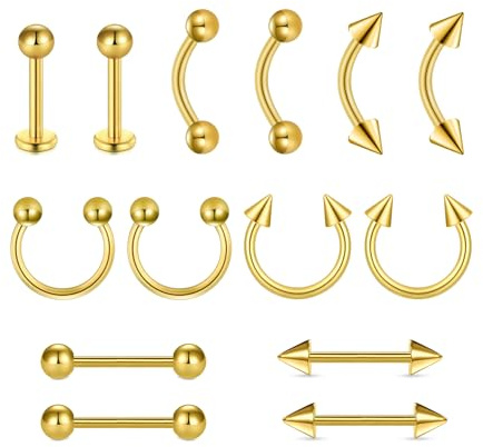 MODRSA Barra-para-Cejas Tabique Y Lengua: 14 Unidades De 16g De Acero Quirúrgico, Barra Curva, Anillo para Labios, Piercing para Trago, Dorado