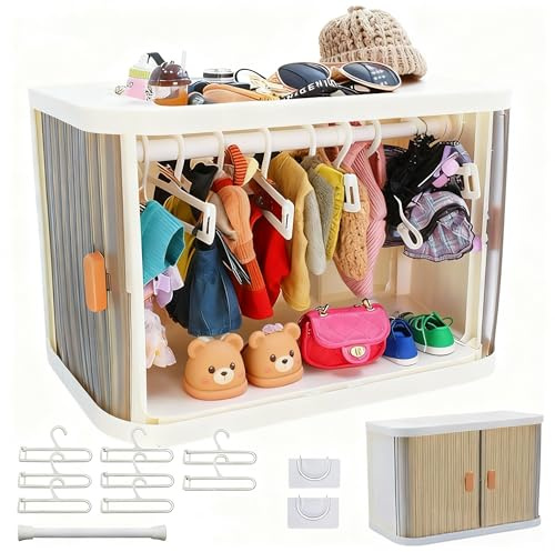 Foldable Doll Wardrobe Storage Box with 8 Hangers & Rod Compatible with Labubu Clothes Stackable Organizer Cabinet for 15/17cm Doll Clothes with Dust-Resistant Cover and Display Shelf