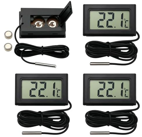 Digital Fridge Thermometer 4 Pcs, Mini Thermometer Fridge Temperature with External Probe for Freezer Refrigerator Aquarium, LCD Display -50℃ to +110℃ Range, ±1.0℃ Accuracy, Black