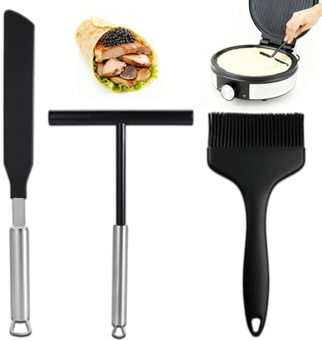 AEMCHDM 3 Pezzi Distributore di Crepes in Acciaio Inox, Stendipasta a Forma di T, Crepe Maker Accessori, Stendi per Pan Pancake Antiaderente per Casa Cucina Cottura Utensili Da Forno